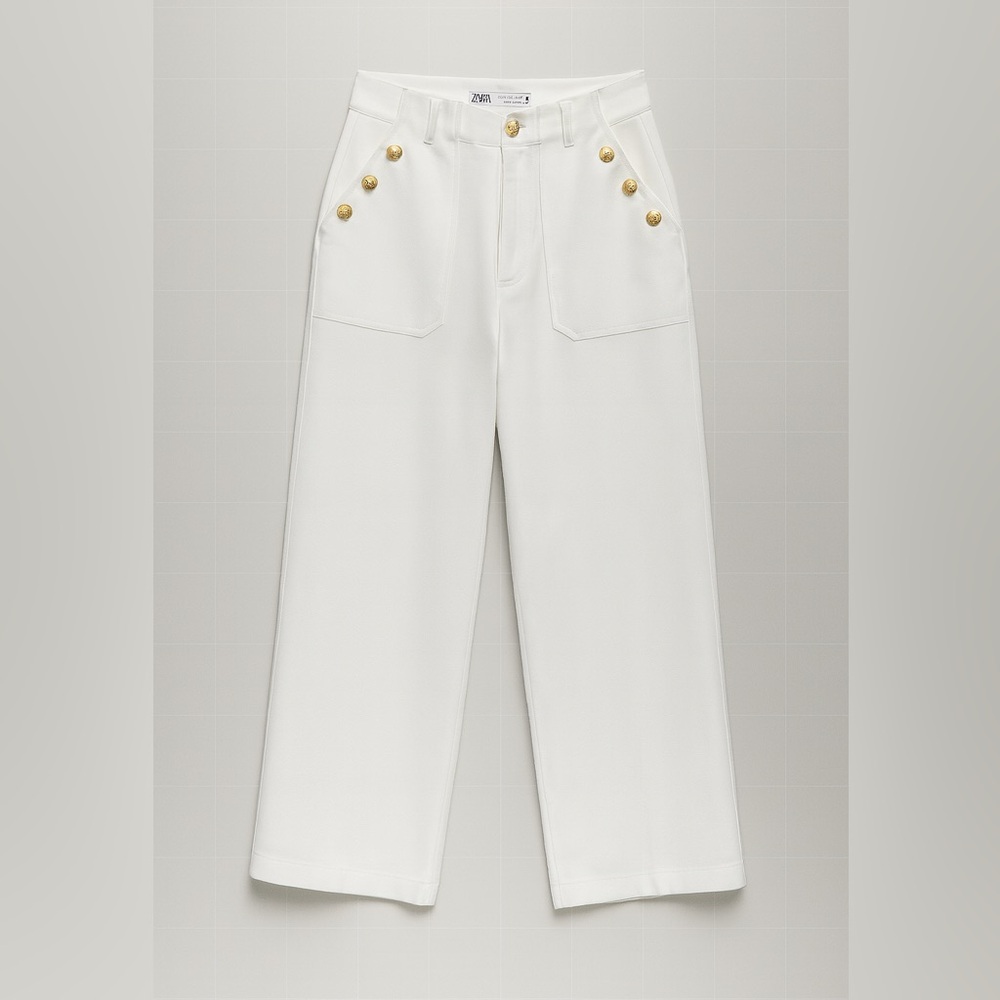 ZARA Women’s White Sailor Wide Leg Pants Gold Button Detail Size XS